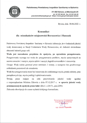 Miniaturka artykułu Komunikat dla mieszkańców miejscowości Boruszowice i Hanusek